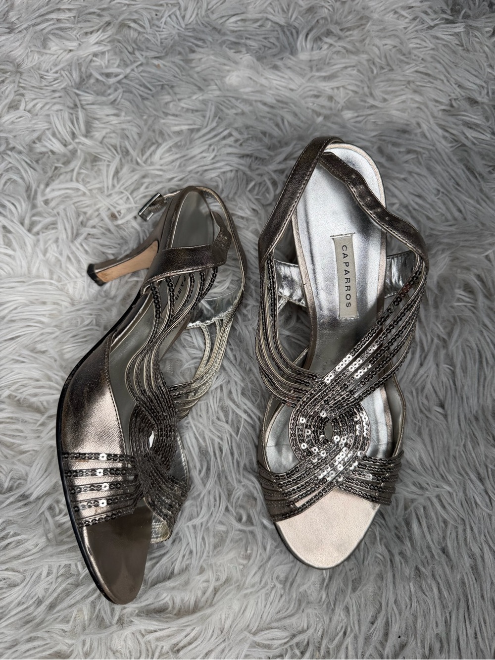 Caparros Metallic Strappy Sequin Evening Heels Size 7.5 Formal Sparkle